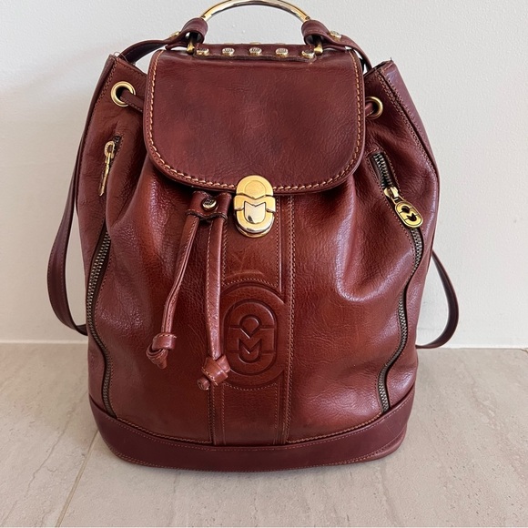 Marino Orlandi Cognac Leather Drawstring Bucket Sling Bag Backpack - Picture 5 of 16